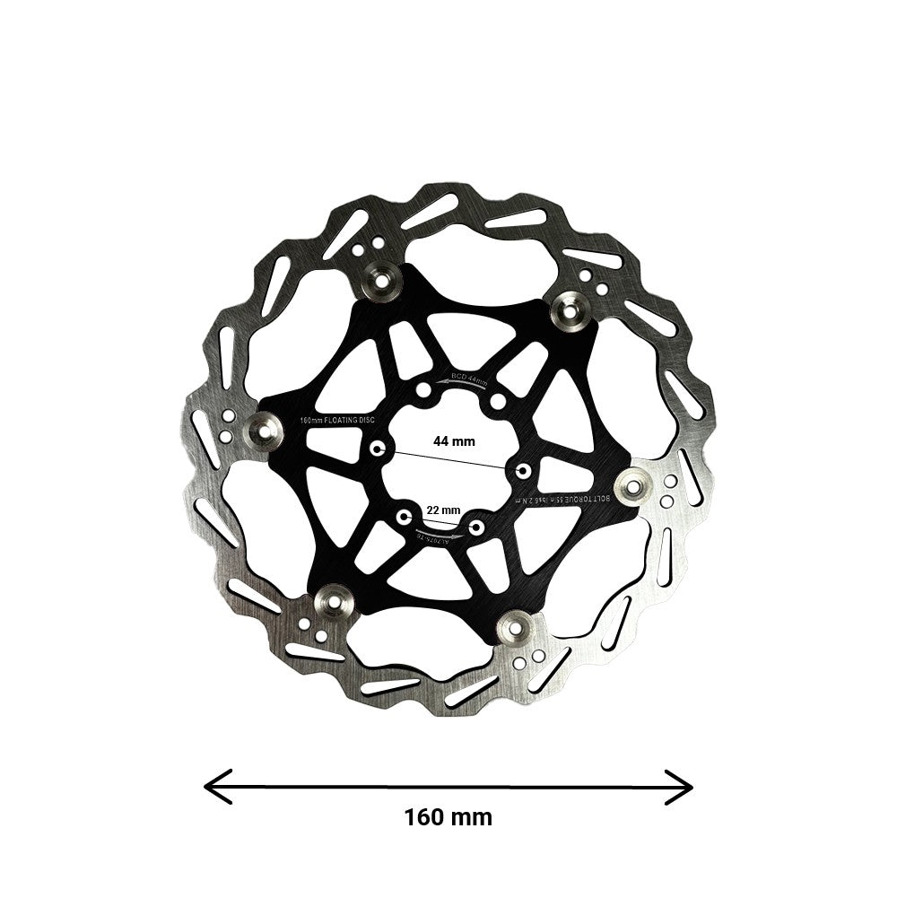 Schwimmende Bremsscheibe 160 mm 44 mm Lochkreis – 6-Loch Floating Disc E-Scooter E-Bike Schwarz