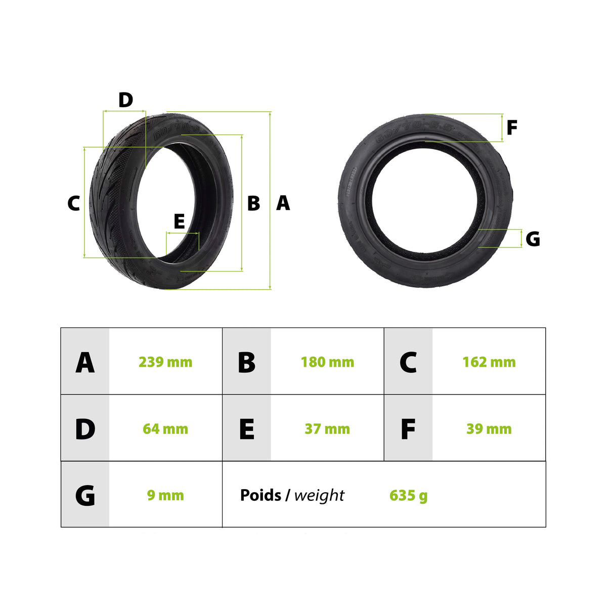 60/70-6.5 Tubeless Reifen 10 Zoll – Ersatzreifen für Xiaomi Electric Scooter 5 / 5 Pro / 5 Max / 4 Pro Gen2 | Ninebot G30 Max